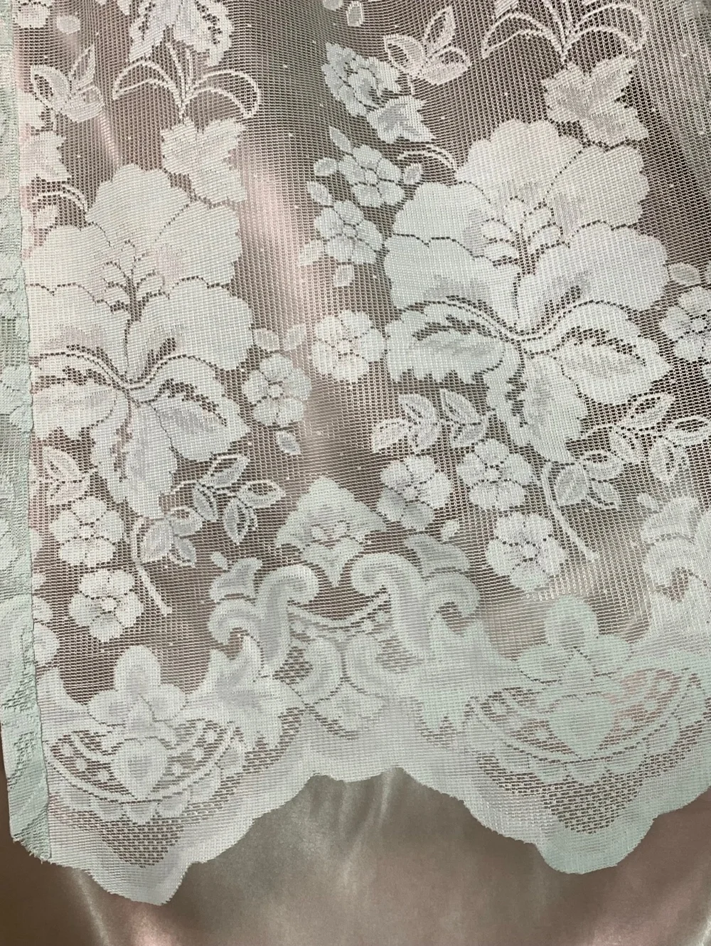 Vintage Mint Green Net Lace Window Curtain Panel Scalloped Edge Floral Victorian